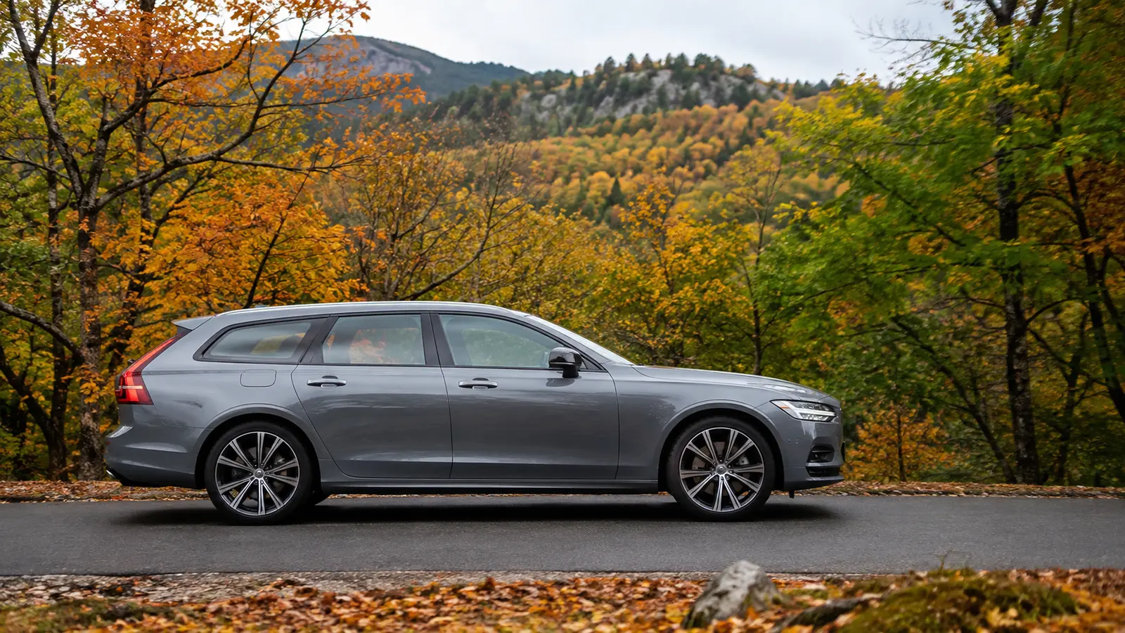 АВТО 1000642 серый Volvo V90 в профиль среди осеннего леса