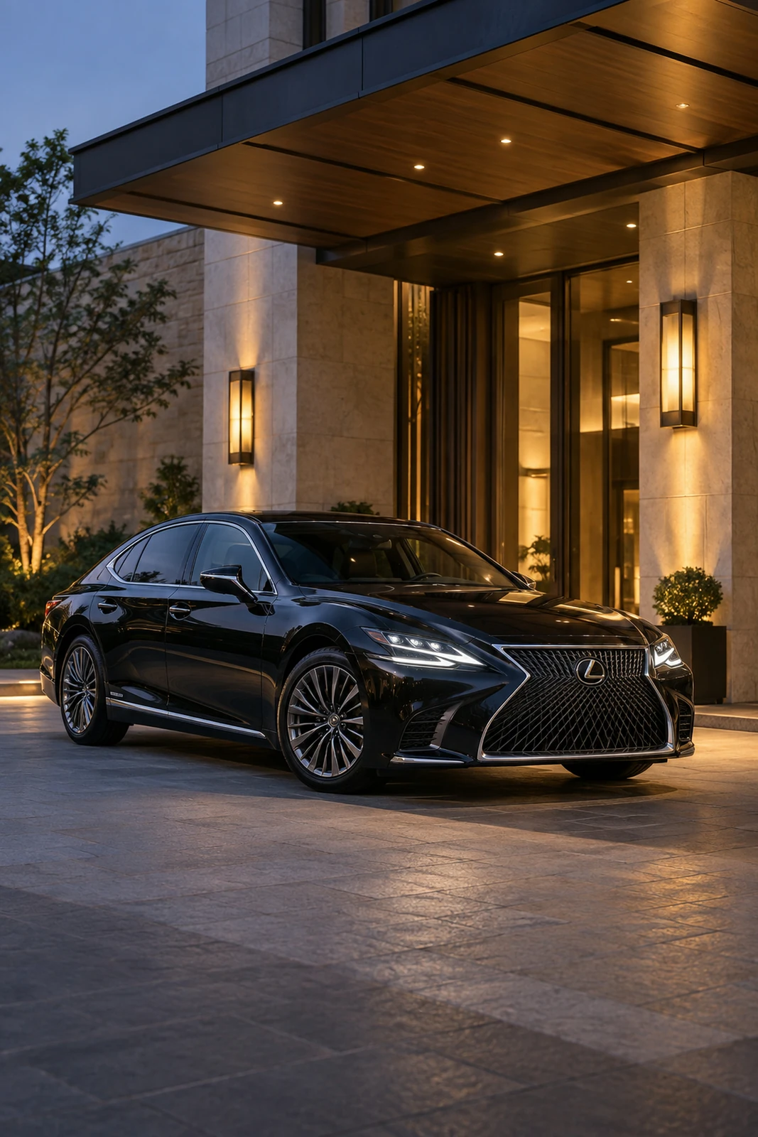 АВТО 1007607 чёрный Lexus LS500 у премиального отеля