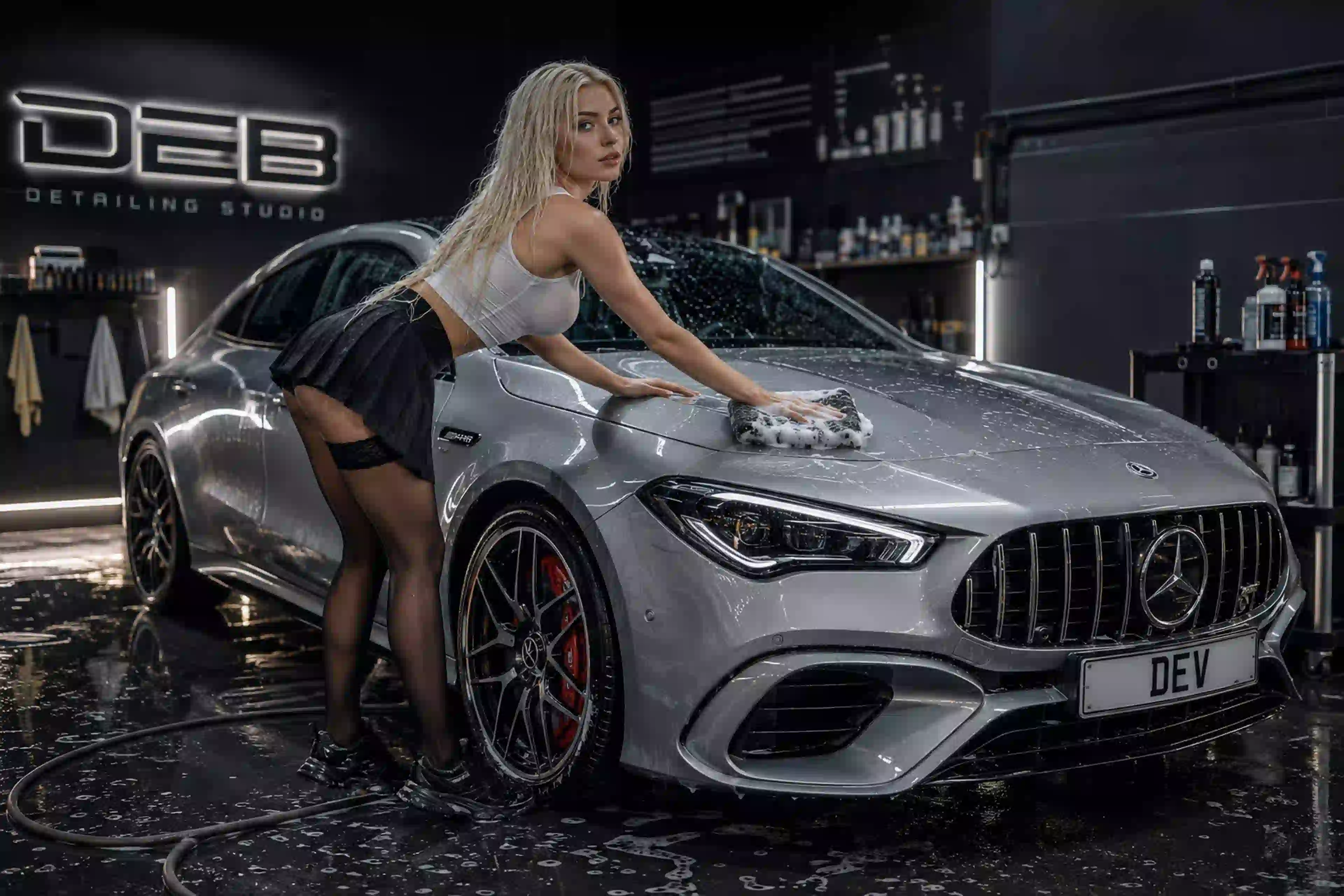 ДЕВ 00552 девушка детейлинг гараж и сияющий mercedes amg