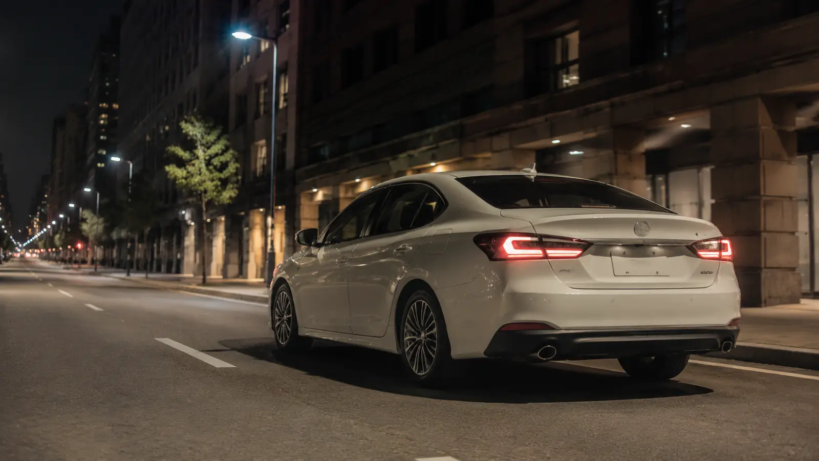АВТО 1000690 белая Toyota Camry сзади на вечерней улице