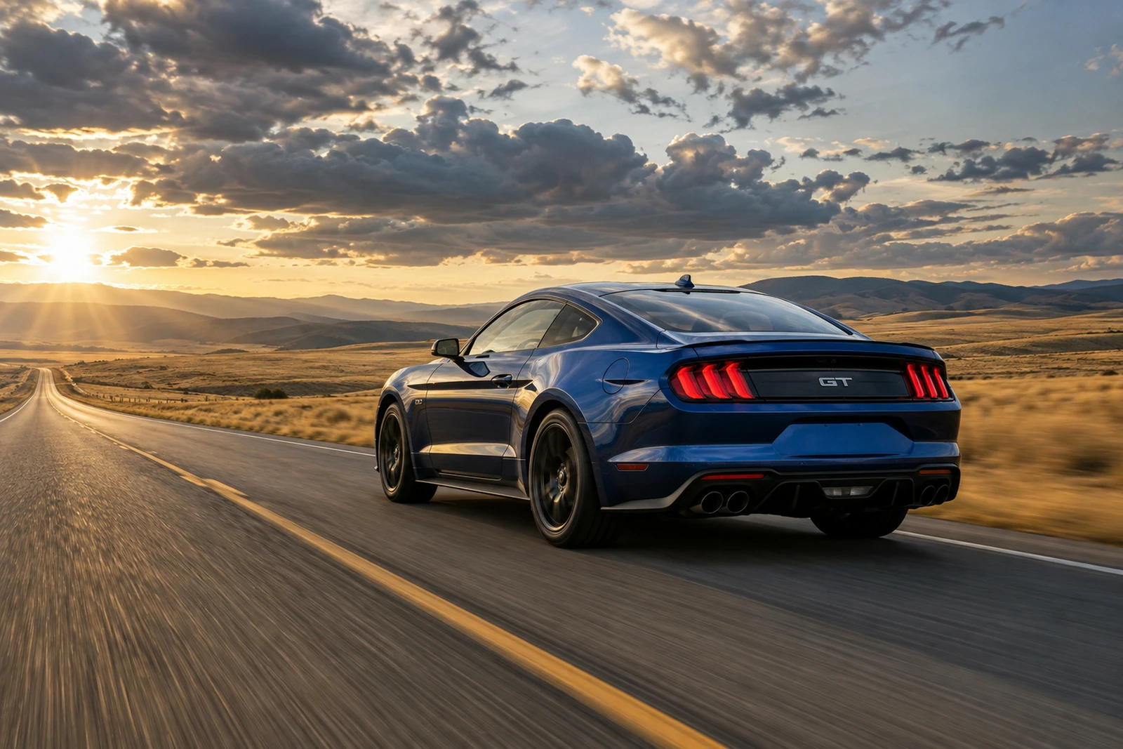 АВТО 1007588 синий Ford Mustang GT на дороге через прерии