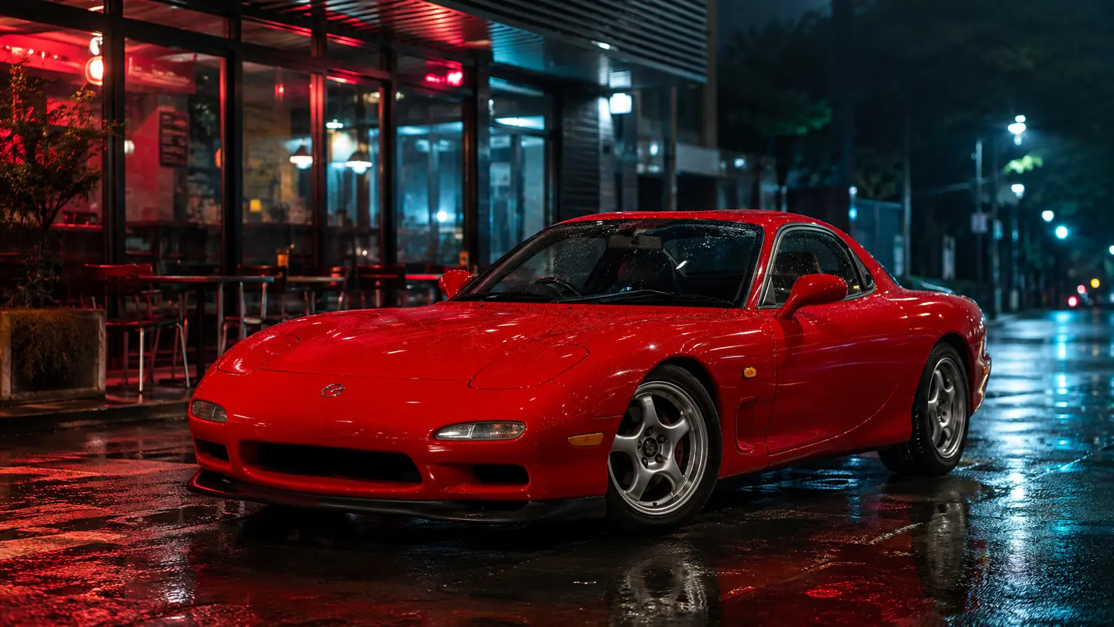 АВТО 1000217 красная Mazda RX-7 FD в ночном городе после дождя