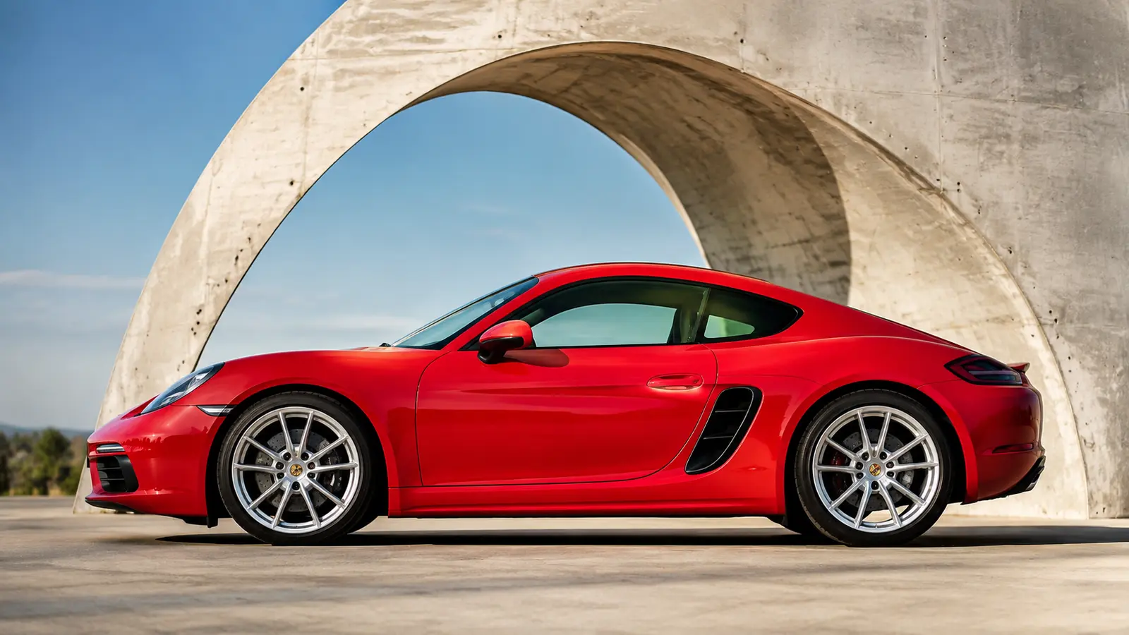 АВТО 1000476 красный Porsche 718 Cayman у бетонной арки