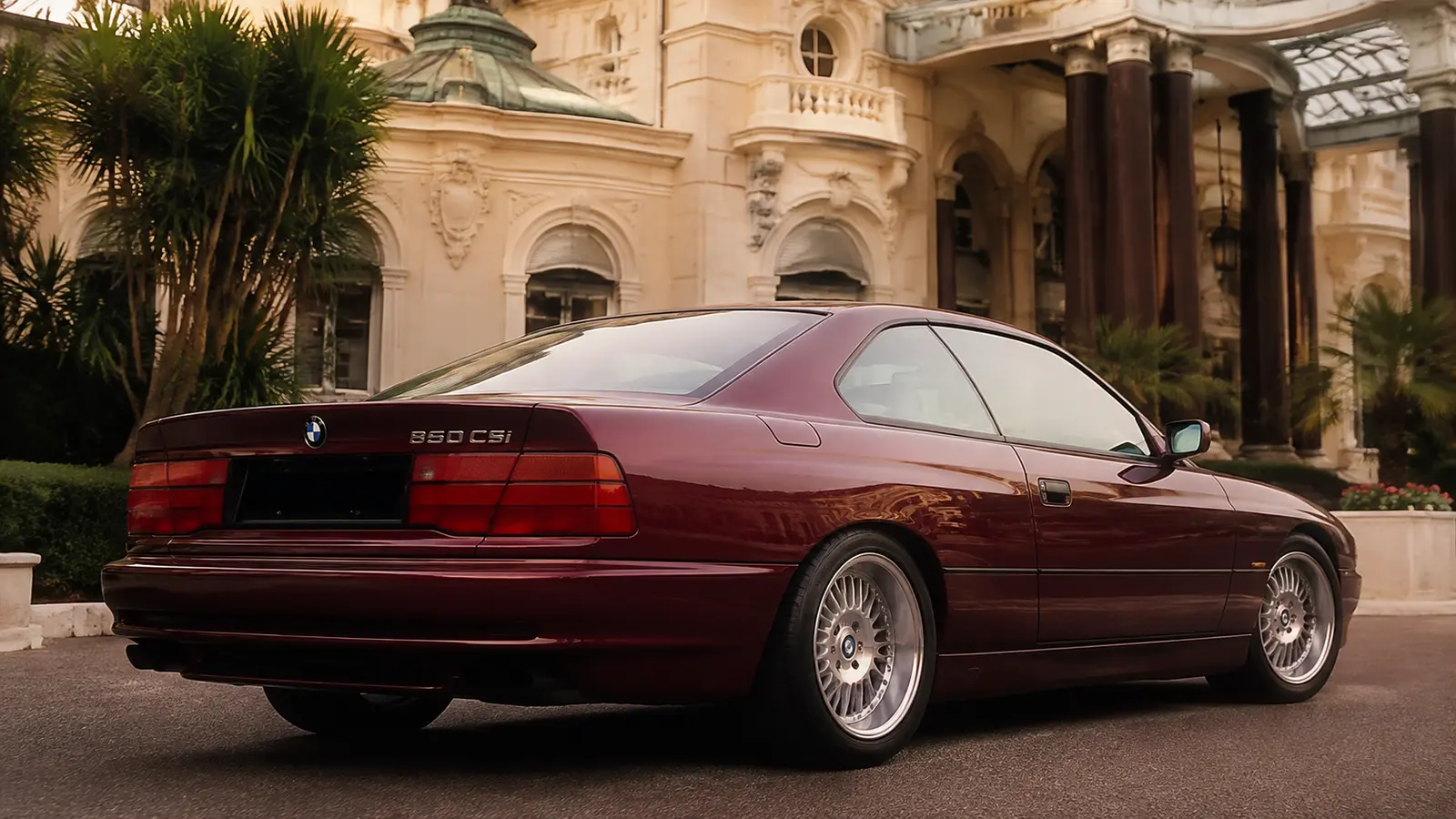 АВТО 1000818 бордовый BMW 850CSi у отеля в Монте-Карло 90-х
