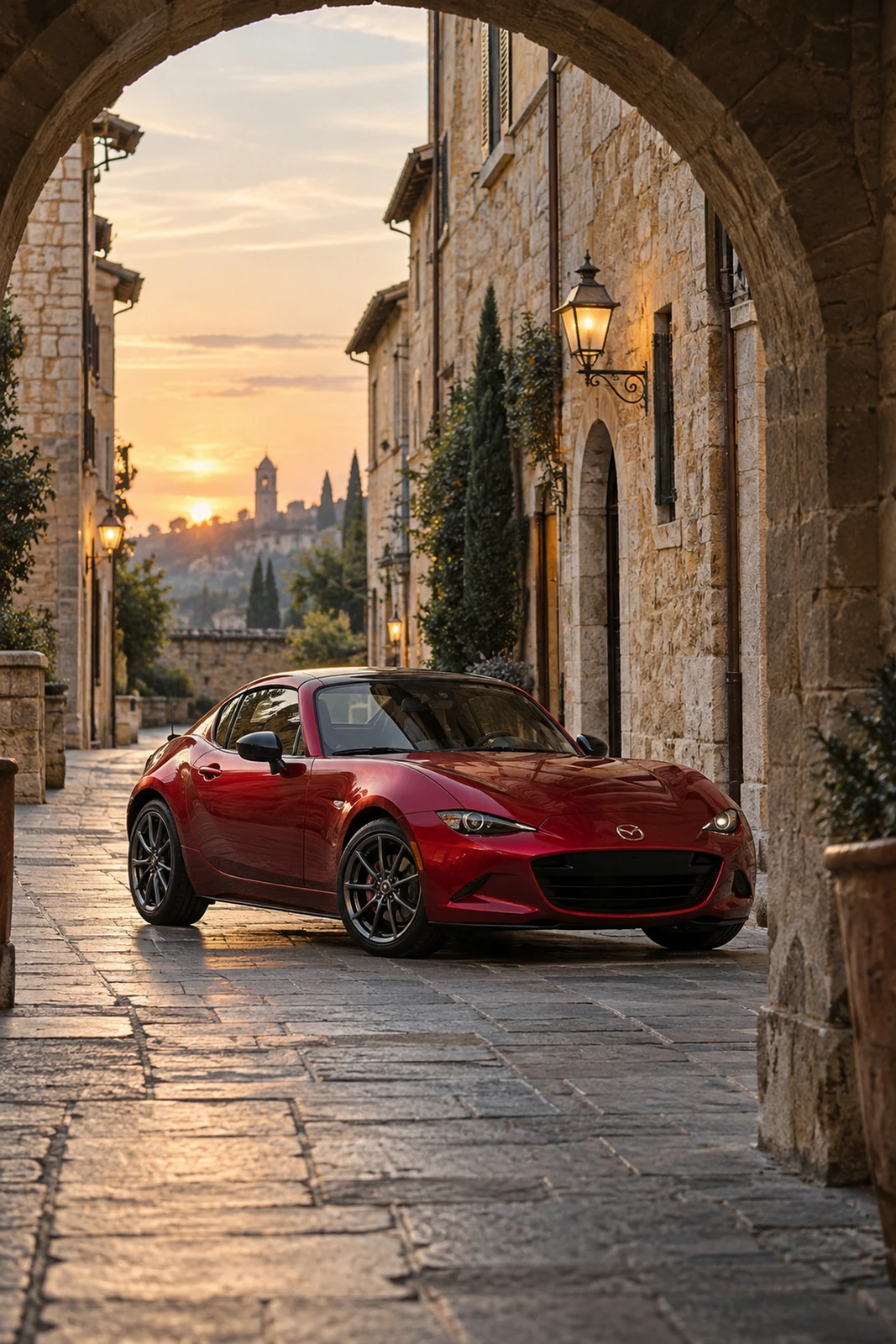 АВТО 1007541 красная Mazda MX 5 на улице старого города