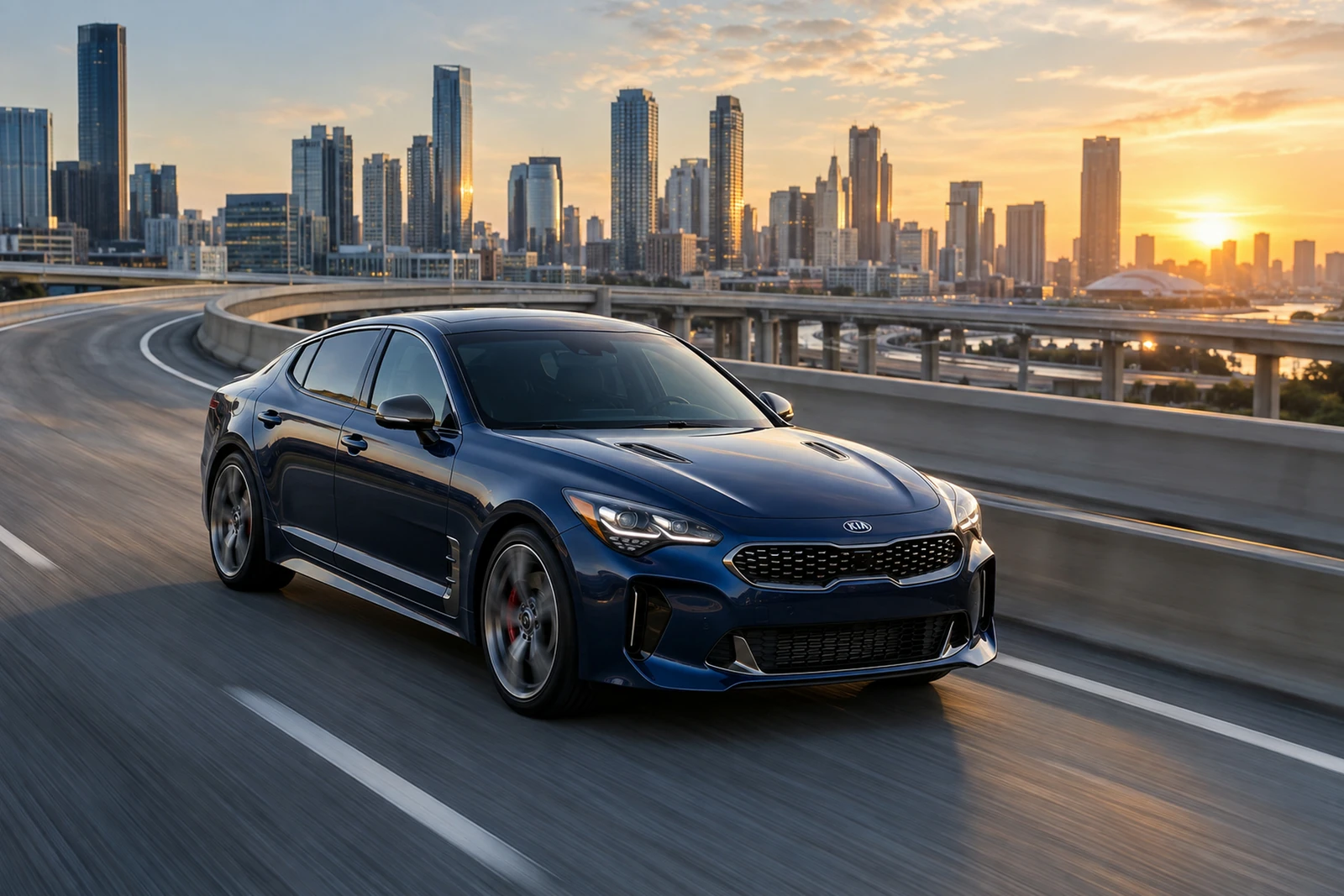 АВТО 1007510 тёмно синий Kia Stinger на городской эстакаде