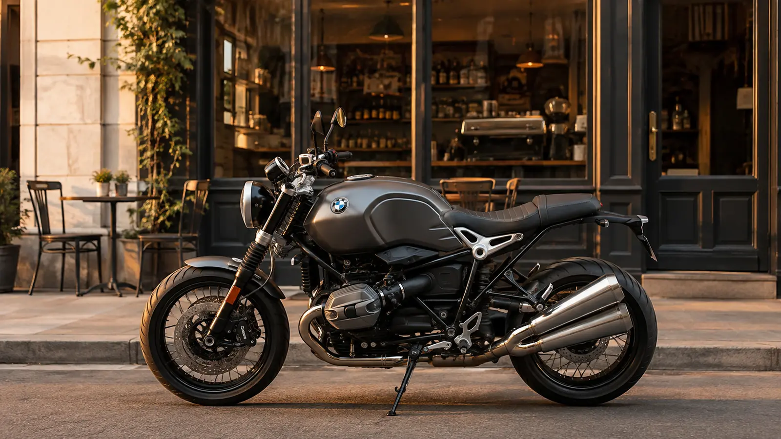 АВТО 1000994 серый BMW R nineT у городского кафе