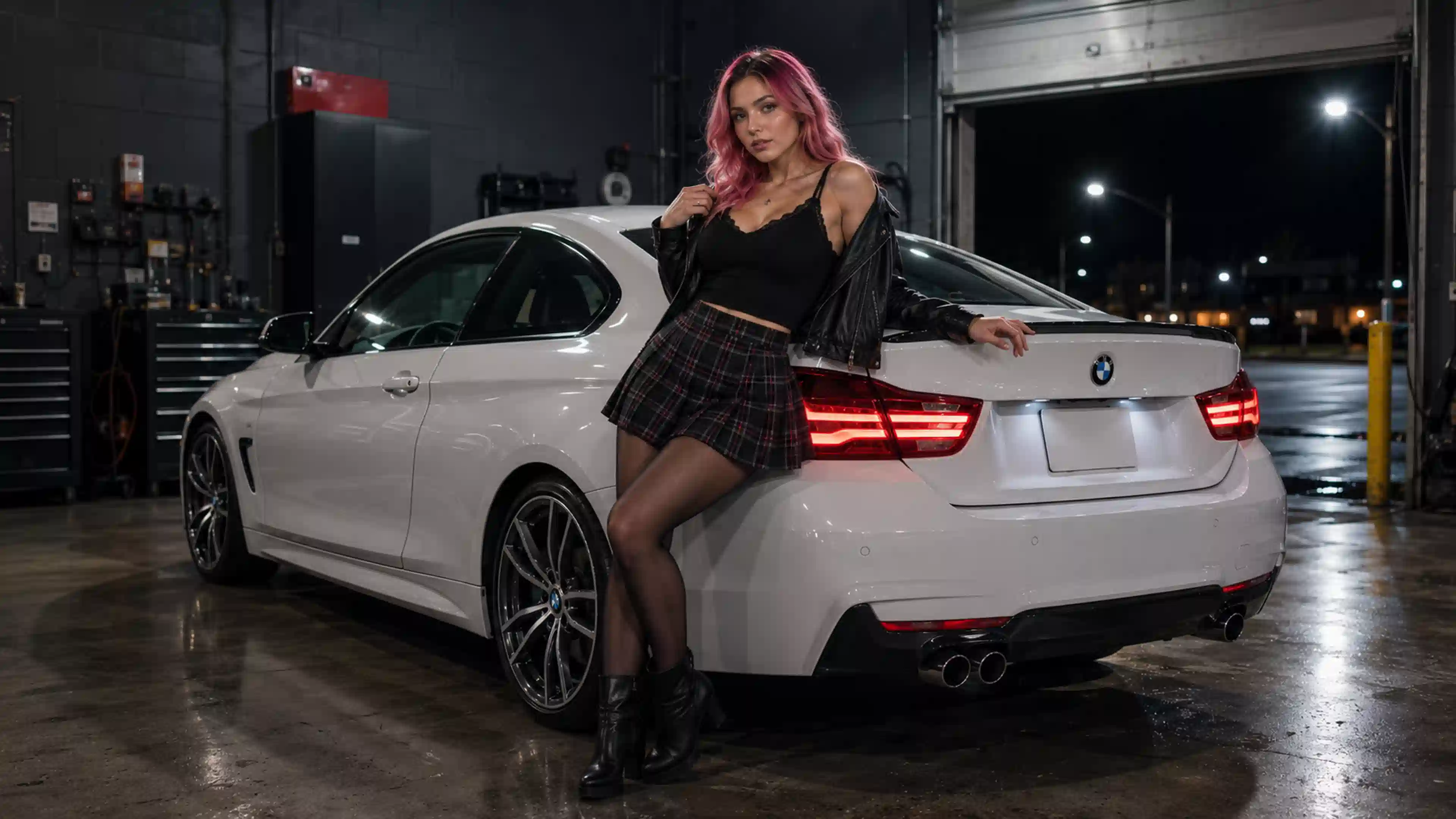ДЕВ 00409 девушка ночная гаражная фотосессия с bmw