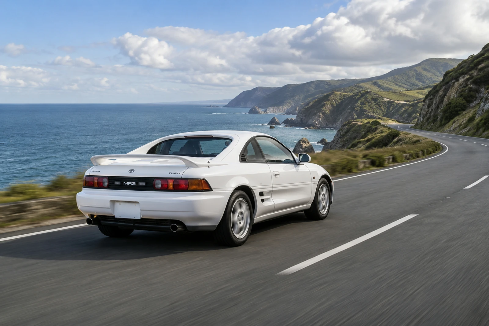 АВТО 1007570 белая Toyota MR2 SW20 на прибрежной дороге