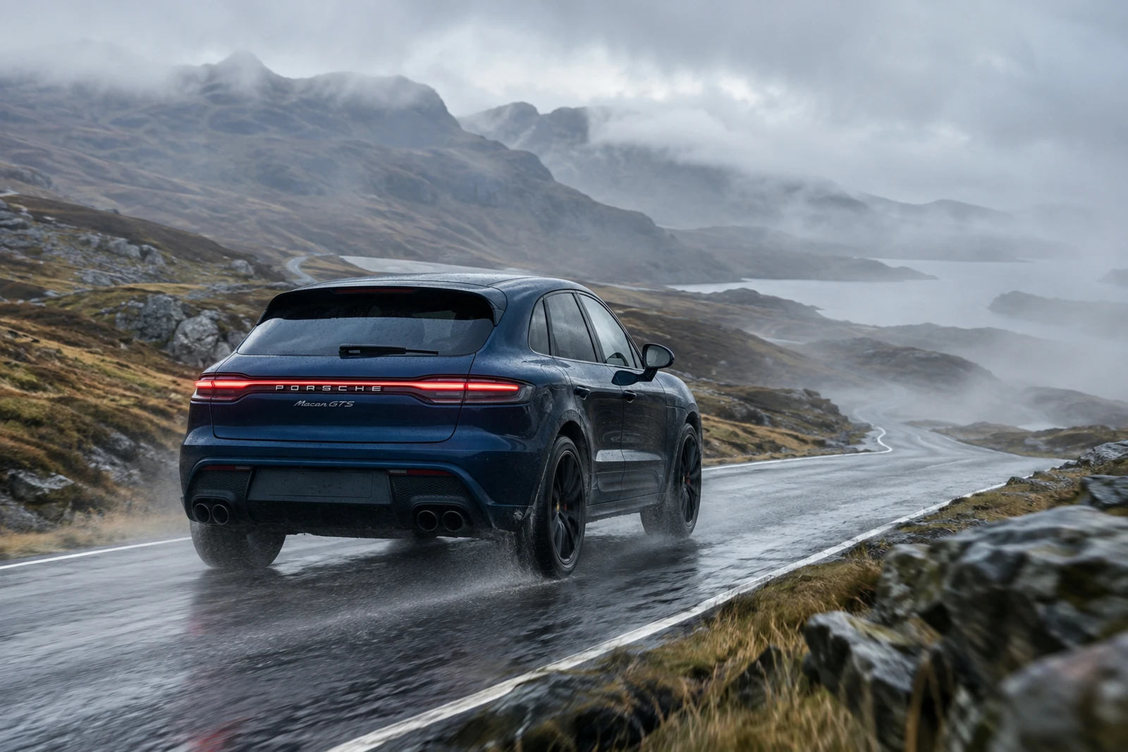 АВТО 1007516 синий Porsche Macan GTS на туманном плато