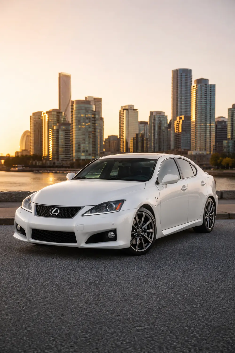 АВТО 1003946 белый Lexus IS F на закатной набережной Ванкувера