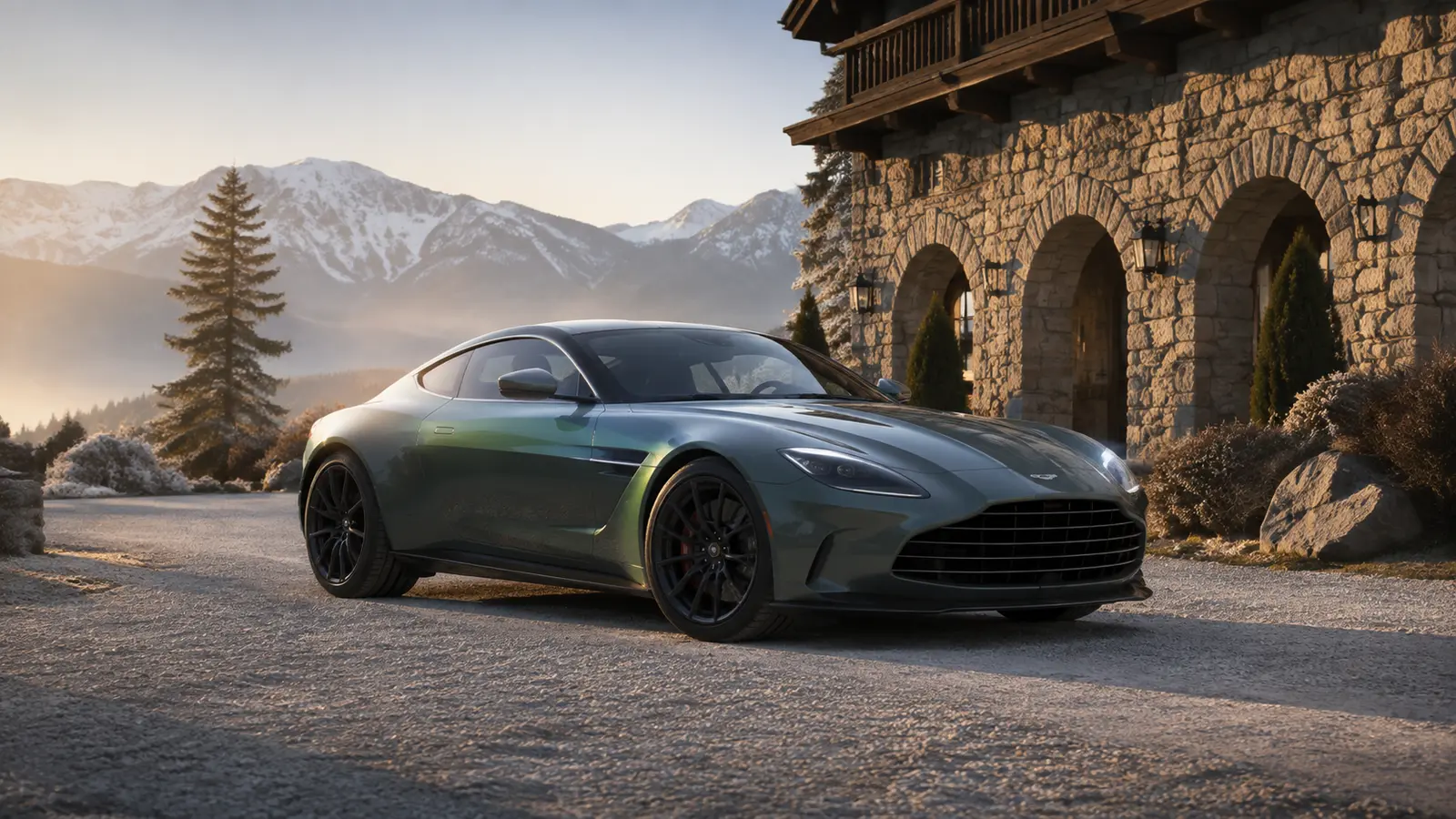 АВТО 1001362 Изумрудный Aston Martin у альпийского отеля
