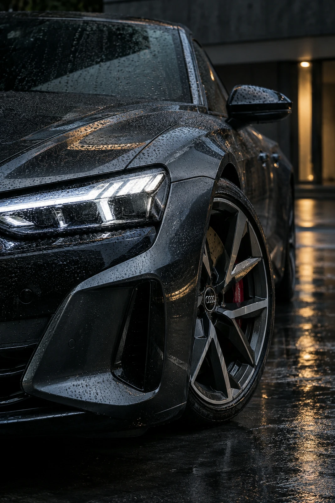 АВТО 1007513 фара и колесо Audi RS e tron GT под дождём