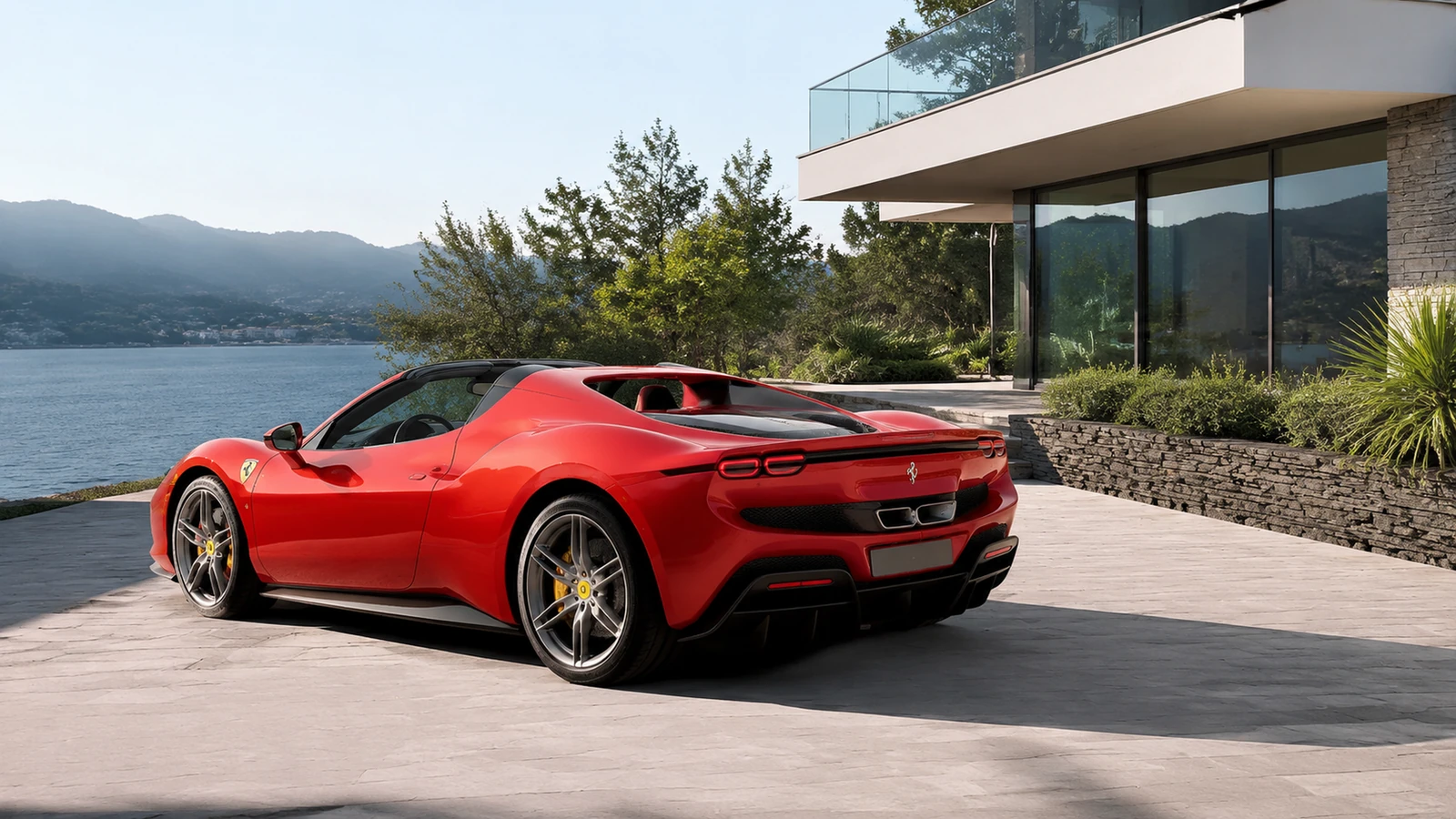 АВТО 1001257 красный Ferrari 296 GTS у морской виллы