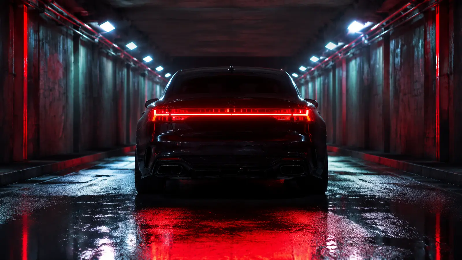 АВТО 1000700 чёрный Audi RS7 строго сзади в неоновом тоннеле