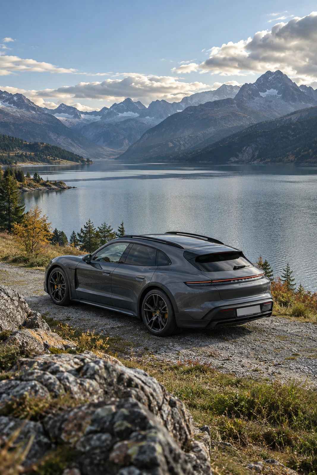АВТО 1007493 серый Porsche Taycan Cross Turismo у горного озера