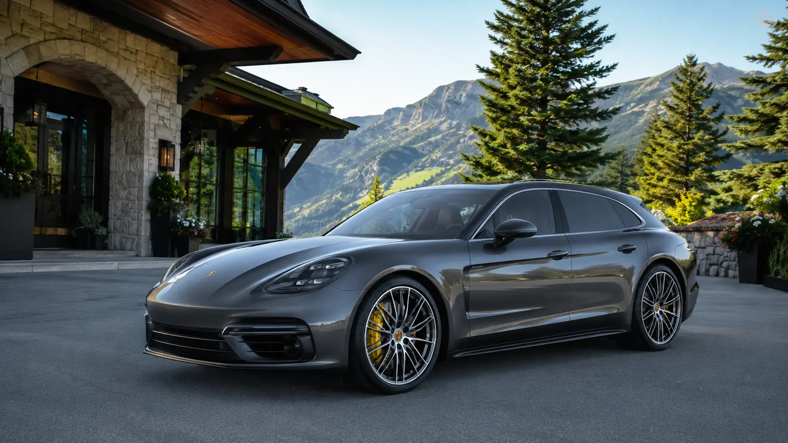 АВТО 1000274 графитовый Porsche Panamera Turbo S Sport Turismo у горного отеля