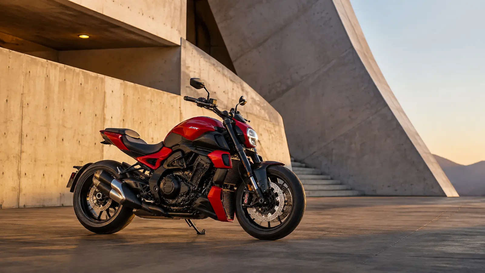 АВТО 1000587 красный Ducati Diavel V4 у бетонной архитектуры