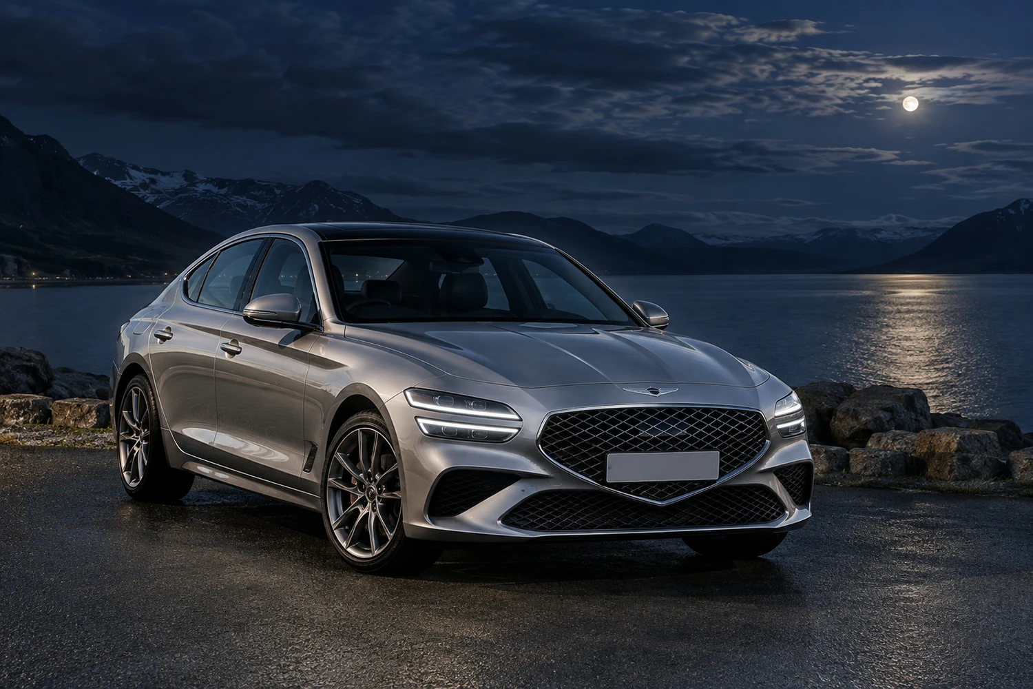 АВТО 1006869 Genesis G70 2022 серебристый луна над озером