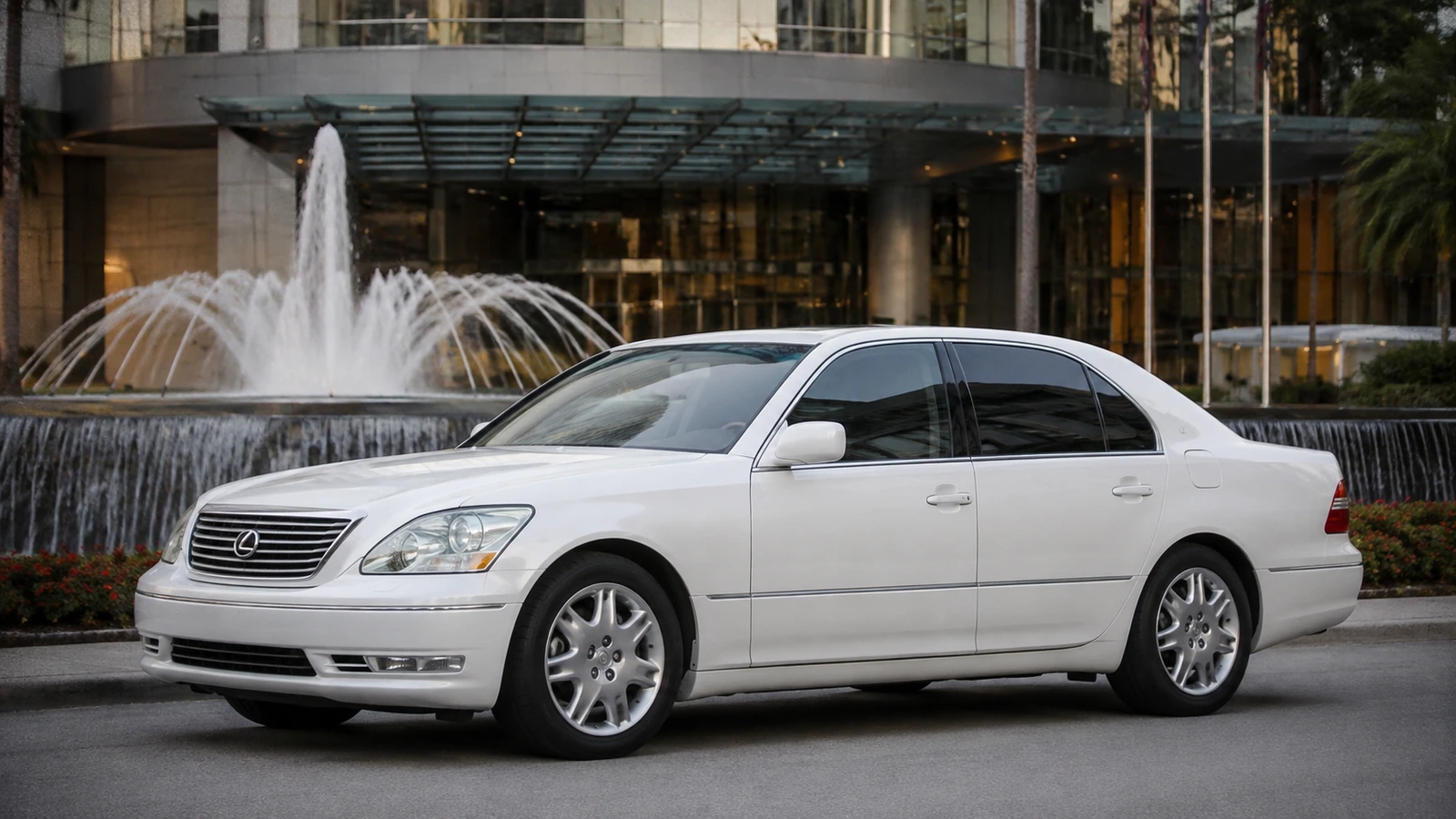 АВТО 1000716 белый Lexus LS 430 у аэропортового отеля начала 2000-х