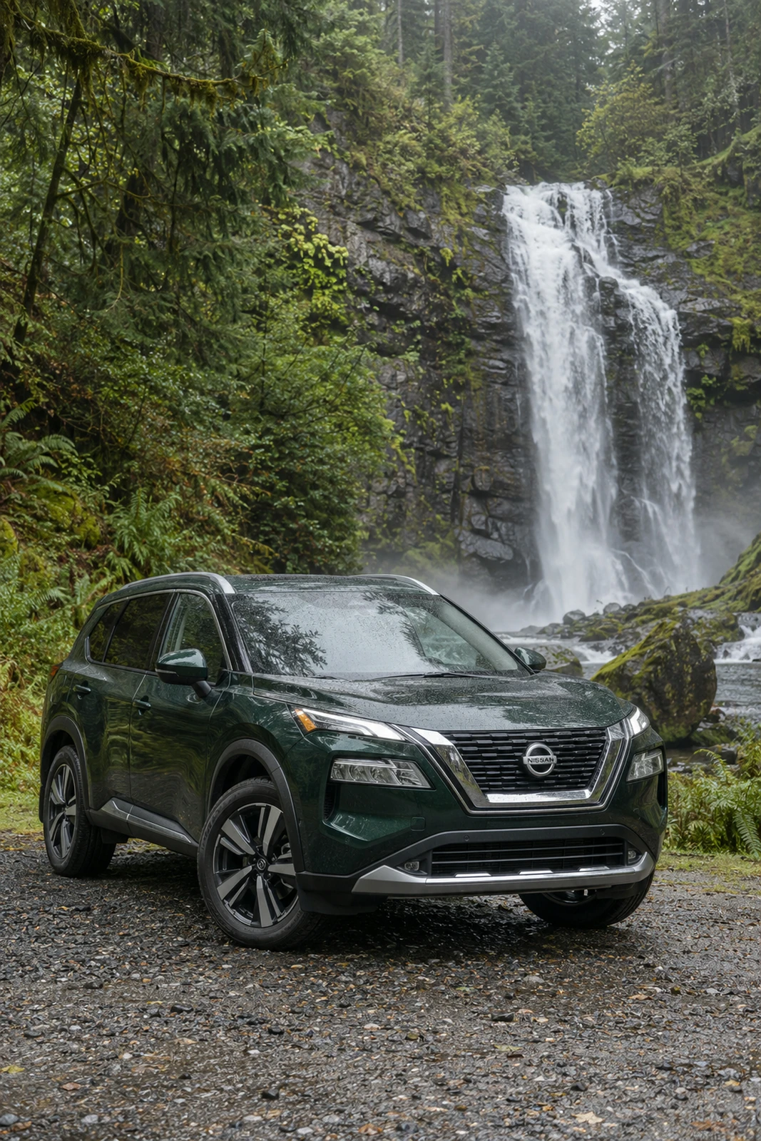АВТО 1007653 зелёный Nissan X-Trail у лесного водопада