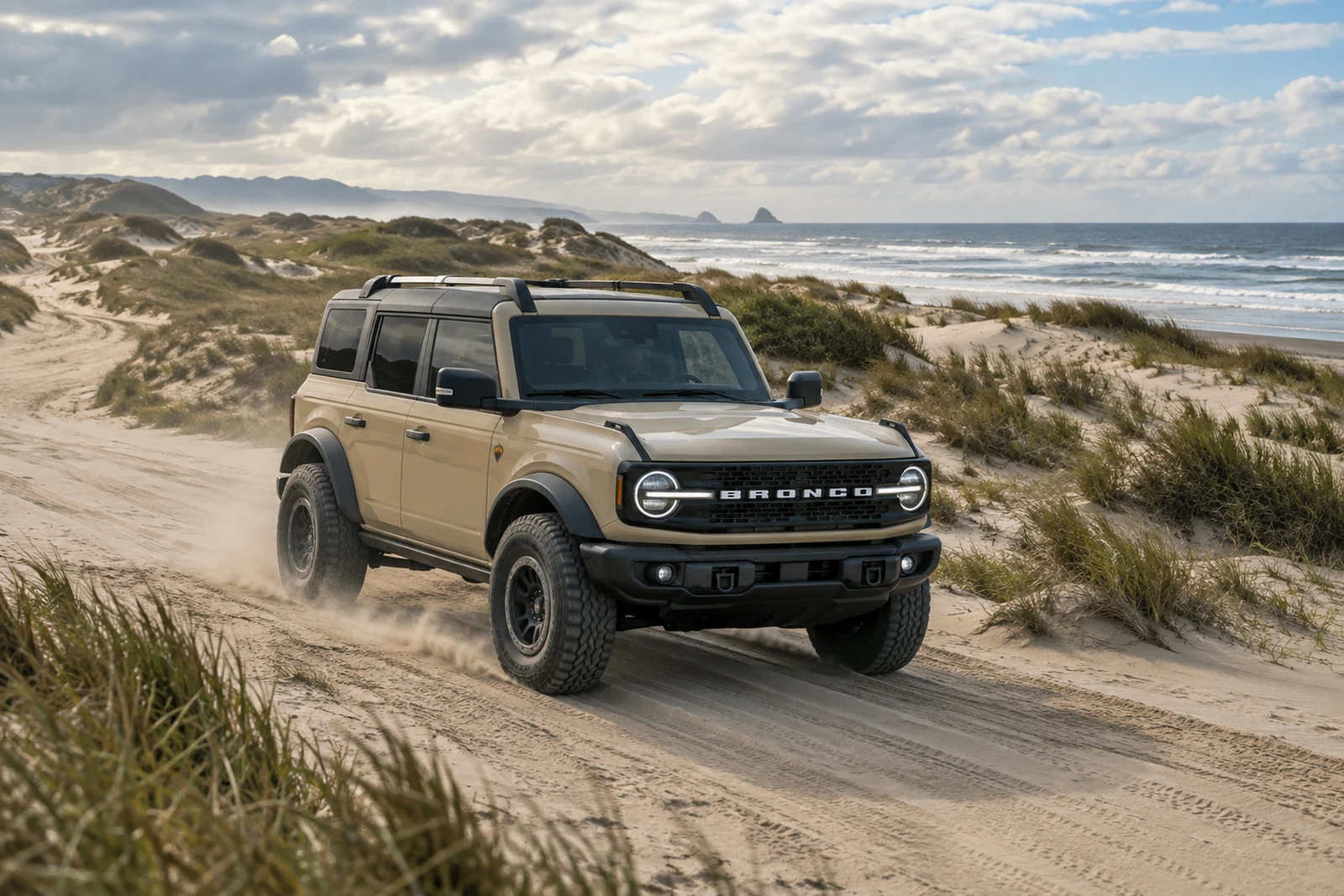 АВТО 1007520 песочный Ford Bronco на дороге у диких дюн