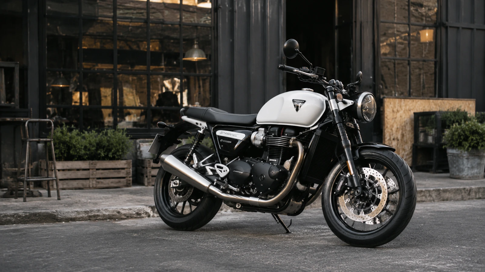 АВТО 1000797 белый Triumph Speed Twin у индустриального кафе