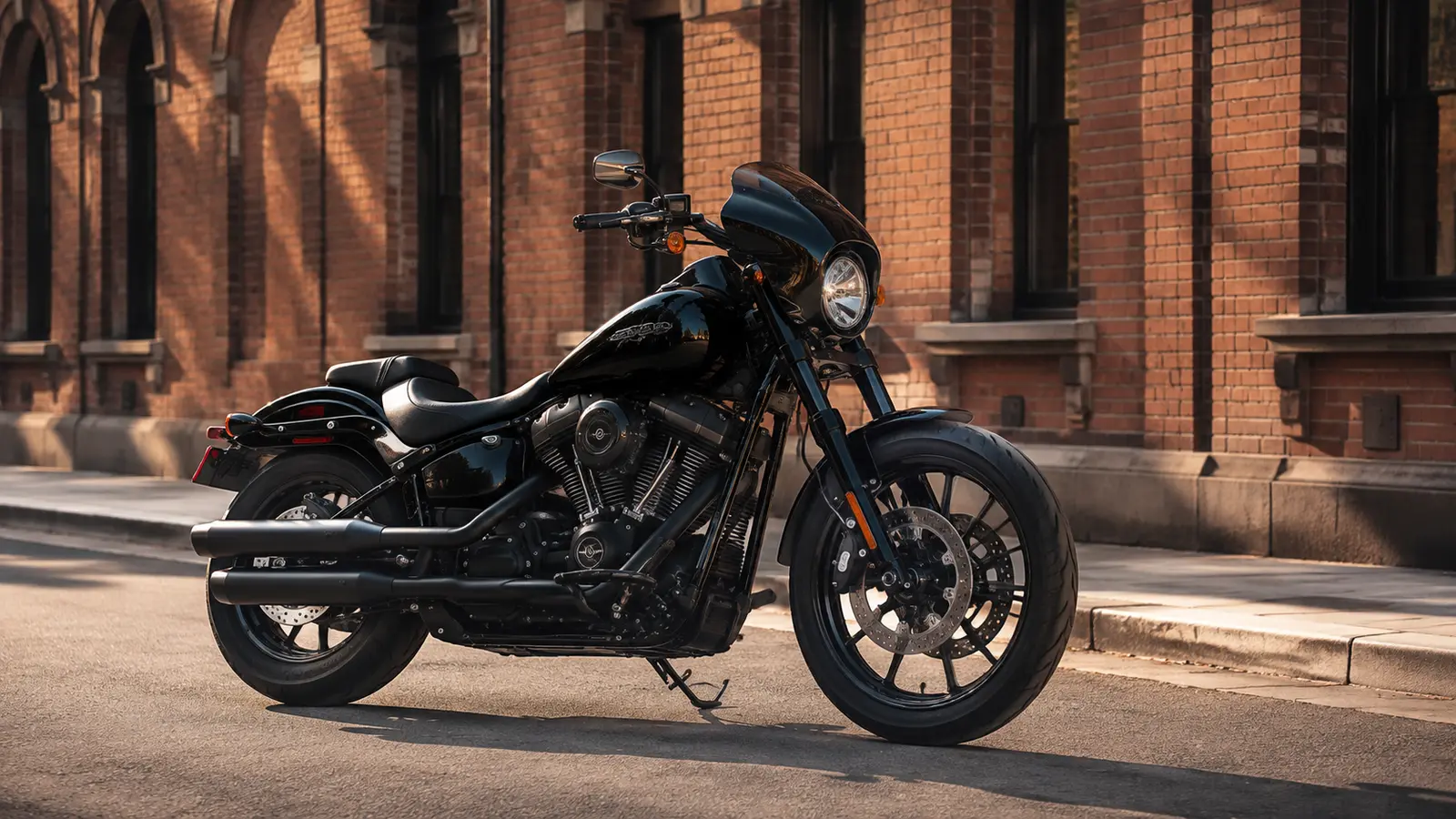 АВТО 1000244 чёрный Harley-Davidson Low Rider S у кирпичных фасадов