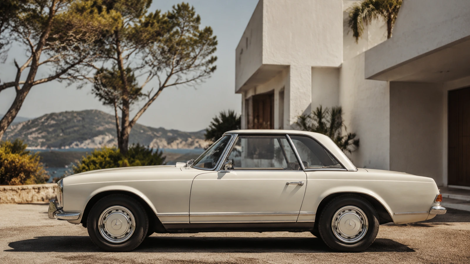 АВТО 1000788 кремовый Mercedes 230 SL у виллы в стиле 60-х