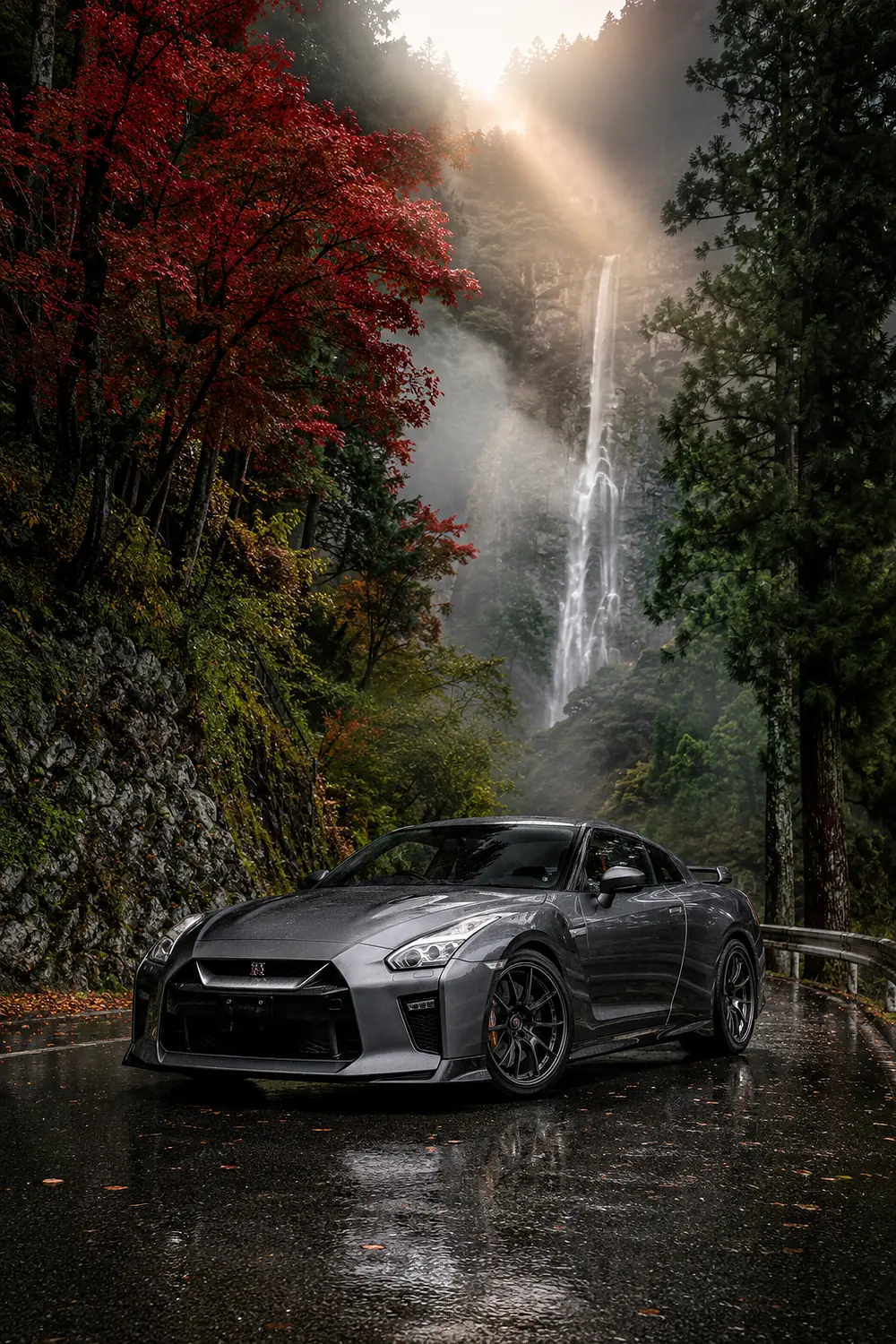АВТО 1003498 серый Nissan GT-R на осенней горной дороге