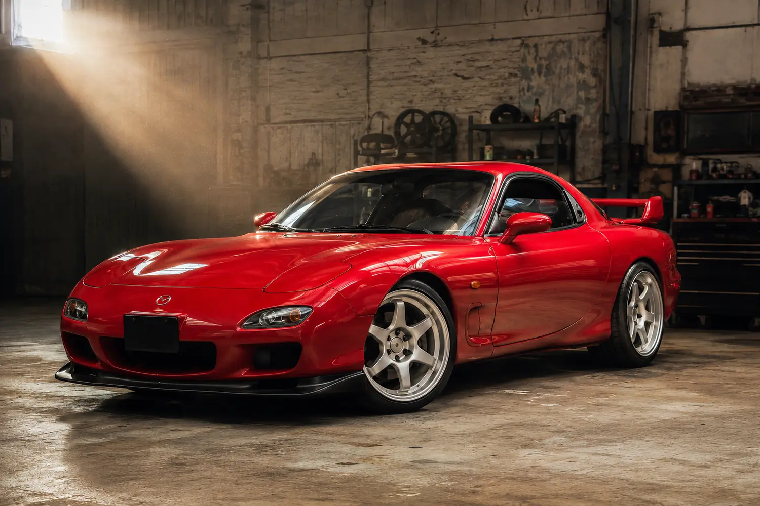 АВТО 1003928 красная Mazda RX 7 FD в индустриальной мастерской