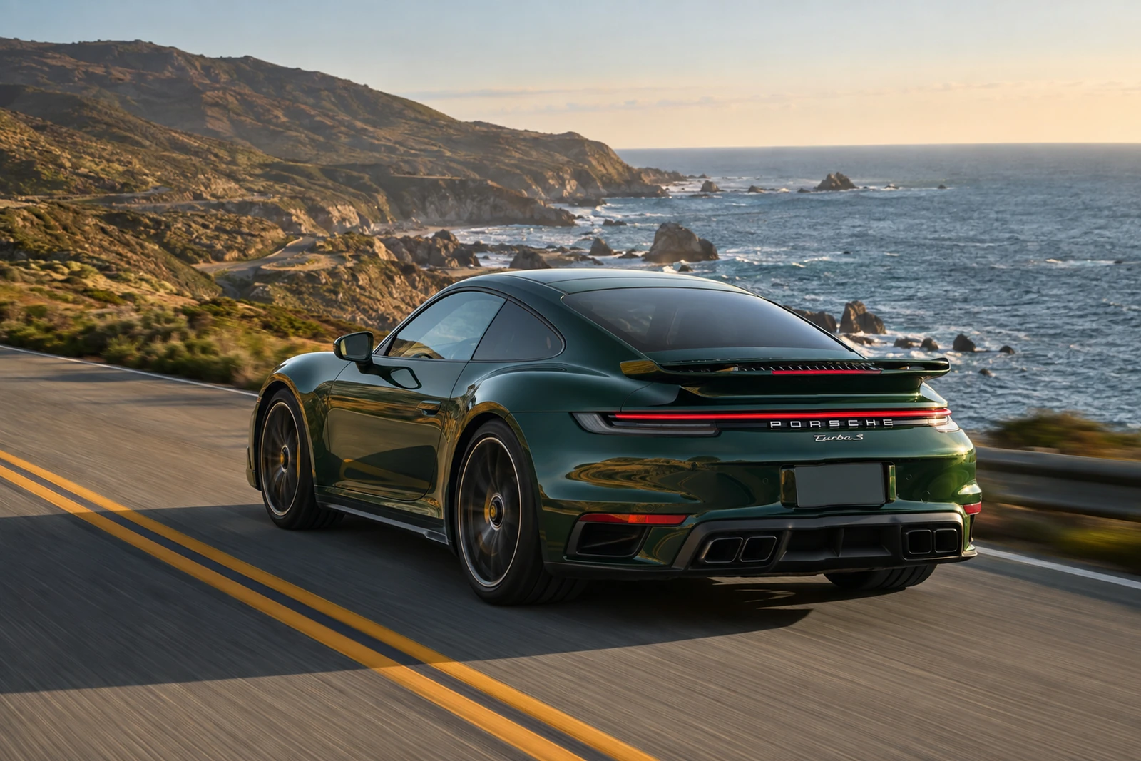 АВТО 1007484 зелёный Porsche 911 Turbo S на прибрежной дороге